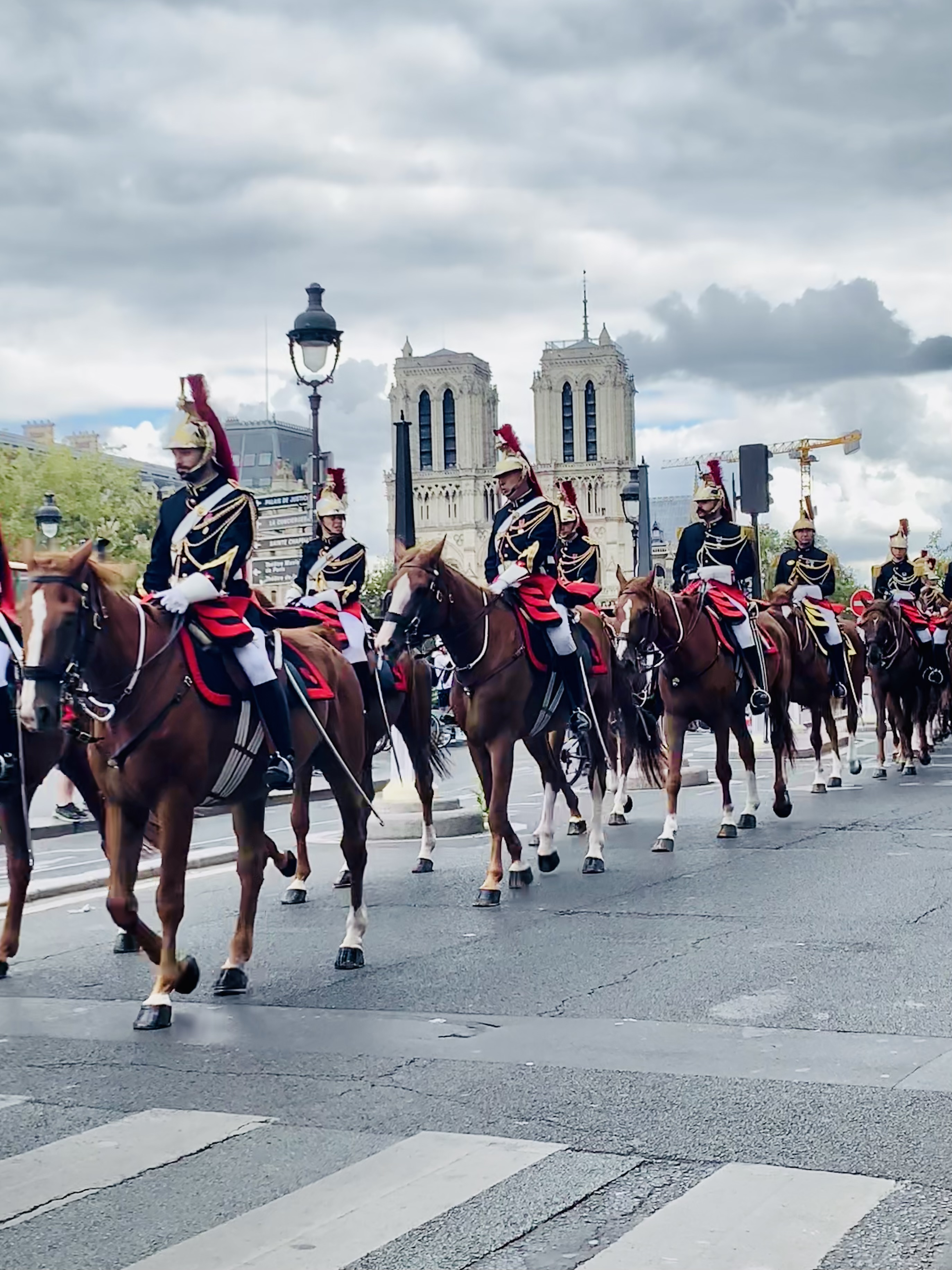 Des cavaliers de la Garde républicaine attendent au passage piétons, devant Notre-Dame de Paris.